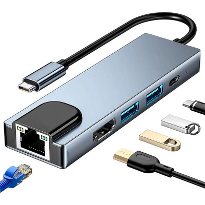 HUB 5 EN USB-C WITH USB-C 2USB-3.0 LAN HDMI Silver