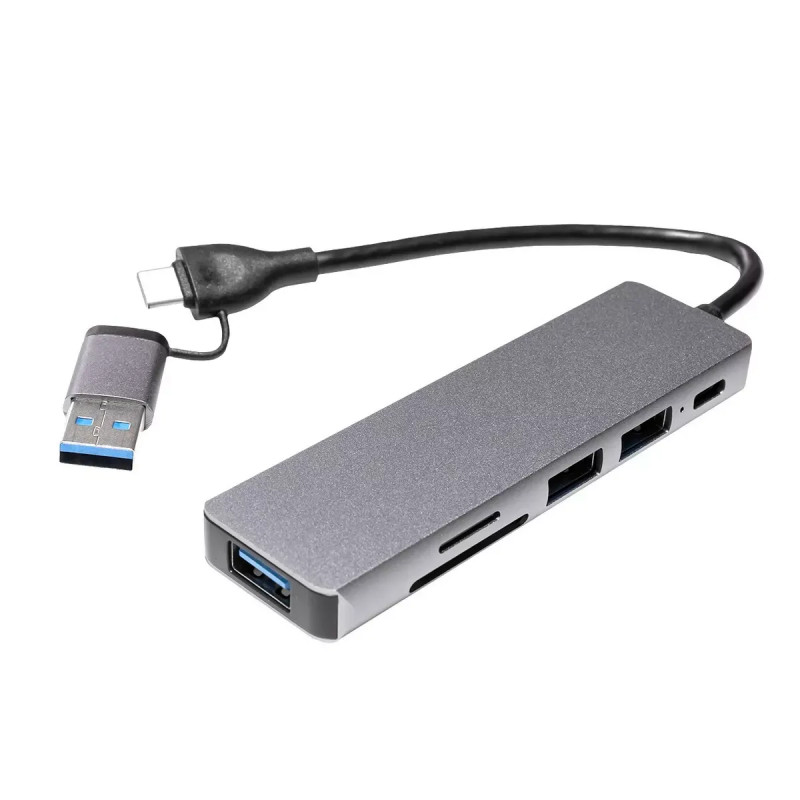 HUB 5 EN 1 DUAL USB3.0 - USB-C WITH 3USB SD uSD Silver