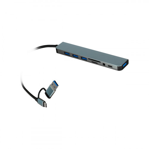 HUB 8 EN 1 DUAL USB3.0 - USB-C WITH 4USB SD uSD Audio USB-C Silver