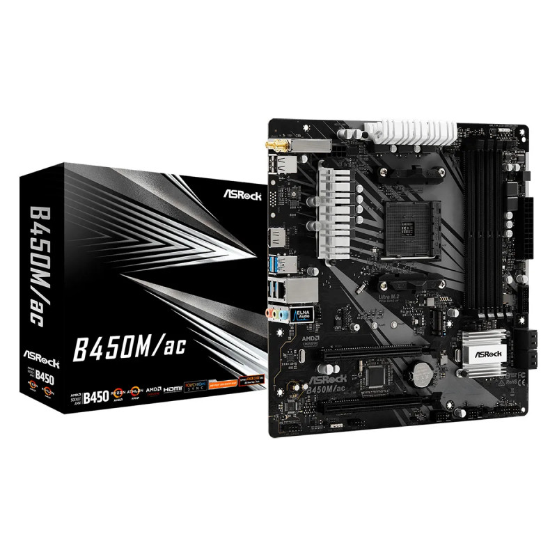 MBO ASROCK B450M/AC AMD4 HDMI 4XDDR4 6USB 4SATA3 PCIE2X16 M.2 WIFI MICROATX