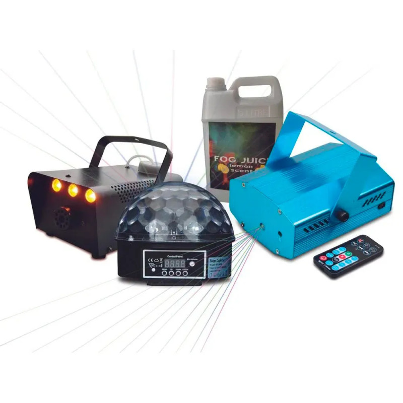 DJ HOME PARTY KIT ESFERA LED-LIQ. HUMO-MAQUINA DE HUMO-MINI LASER