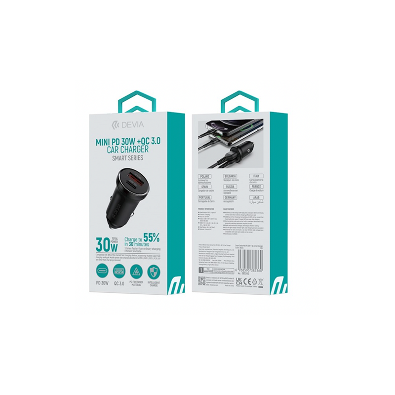 Cargador Cigarrera Smart Series Mini PD 30W + QC 3.0  Car Changer EA442