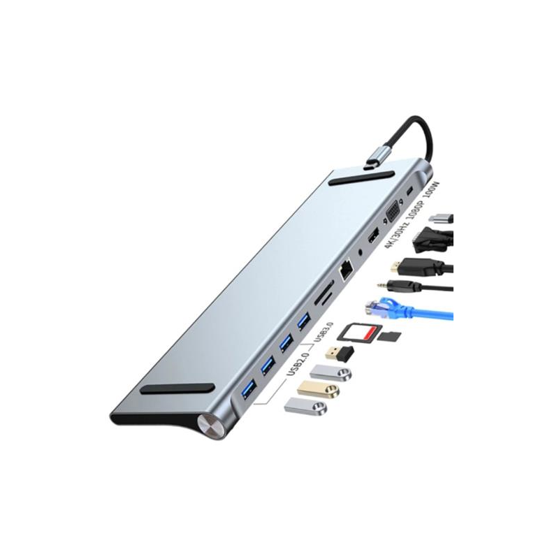 HUB USB 3 1 TIPO C MOD BYL 2003 11 PUERTOS HDMI USB3 0 USB2 0 3 RJ45 VGA PD AV SD TF