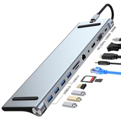 HUB USB 3 1 TIPO C MOD BYL 2003 11 PUERTOS HDMI USB3 0 USB2 0 3 RJ45 VGA PD AV SD TF