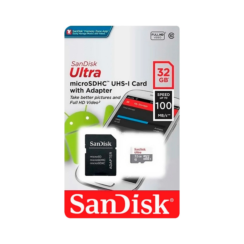 Memory Sandisk microSDHC 32GB ULTRA w/Adapter USH-1 C10 Android 100MB