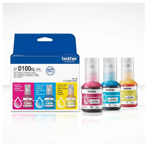KIT BROTHER BTD100CL3PK CON TRES RECARGAS DE TINTA DE COLOR  C M Y 2