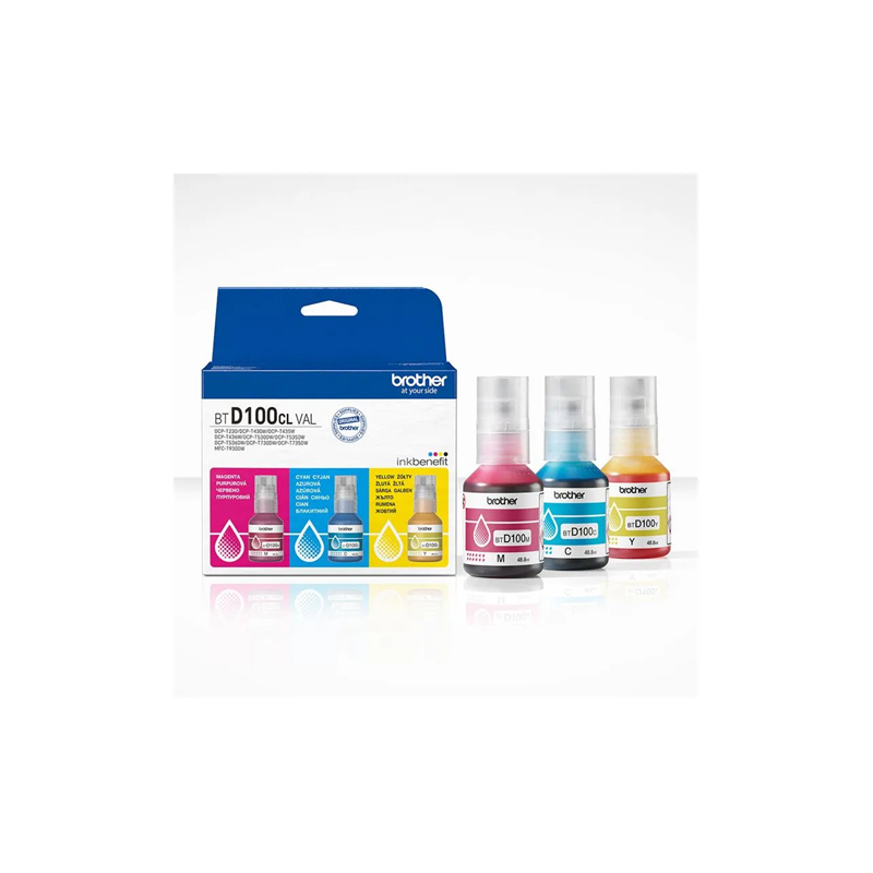 KIT BROTHER BTD100CL3PK CON TRES RECARGAS DE TINTA DE COLOR  C M Y